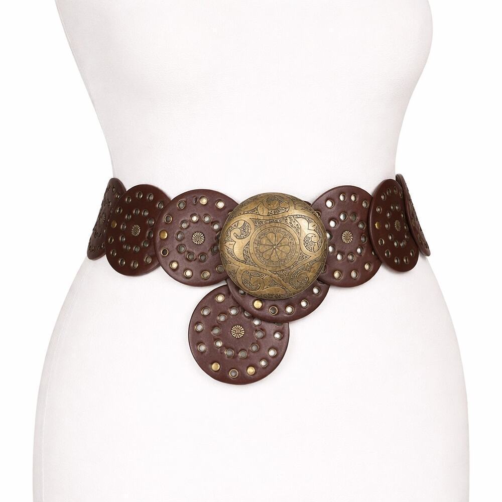 Boho Leather Disc Concho Belt Brown Brass Medallion Statement